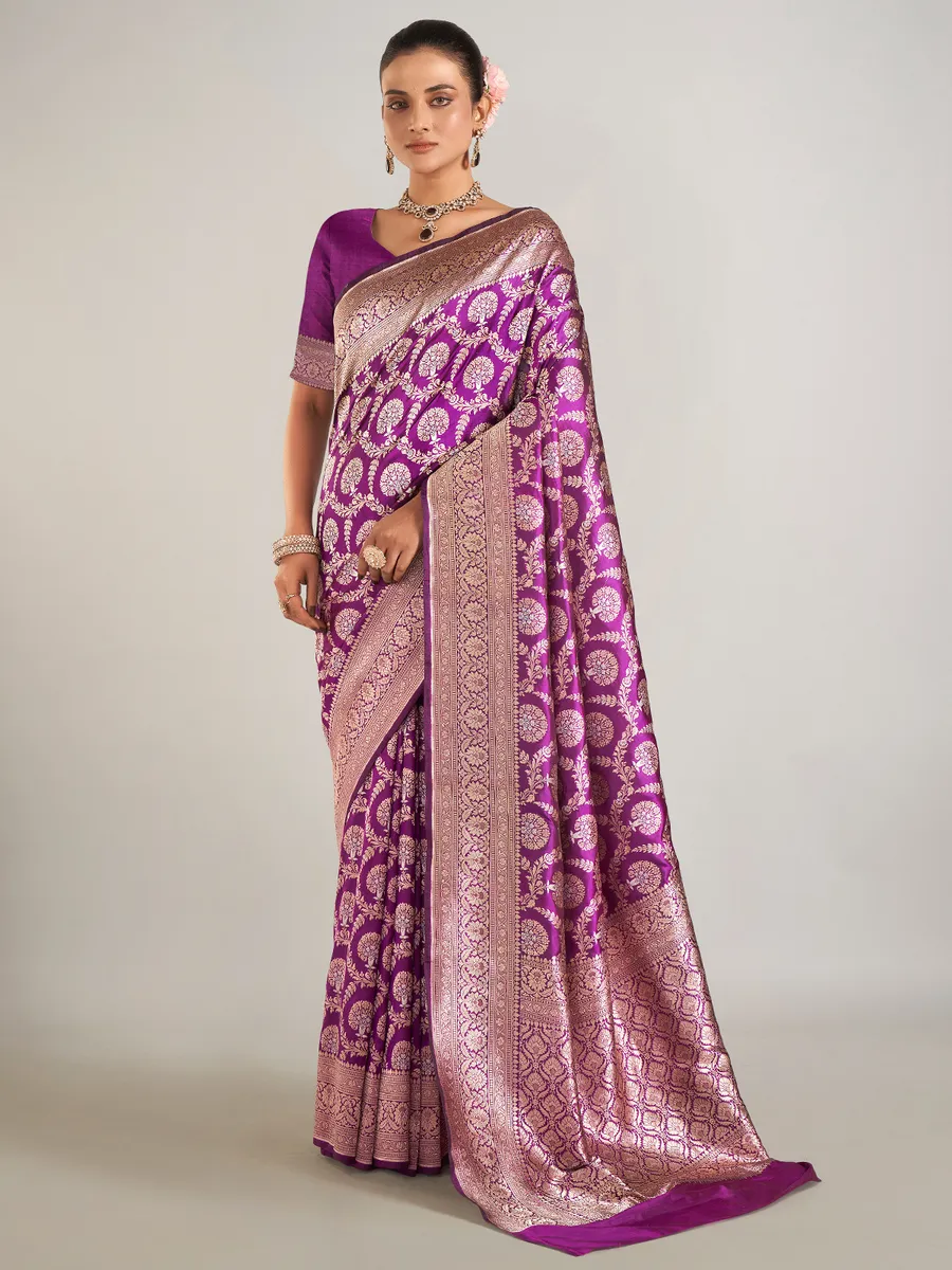 Luxurious Purple Banarasi Satin Silk Saree with Intricate Patterns - Buy