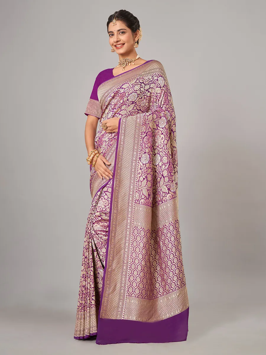 Purple banarsi silk zari weaving saree