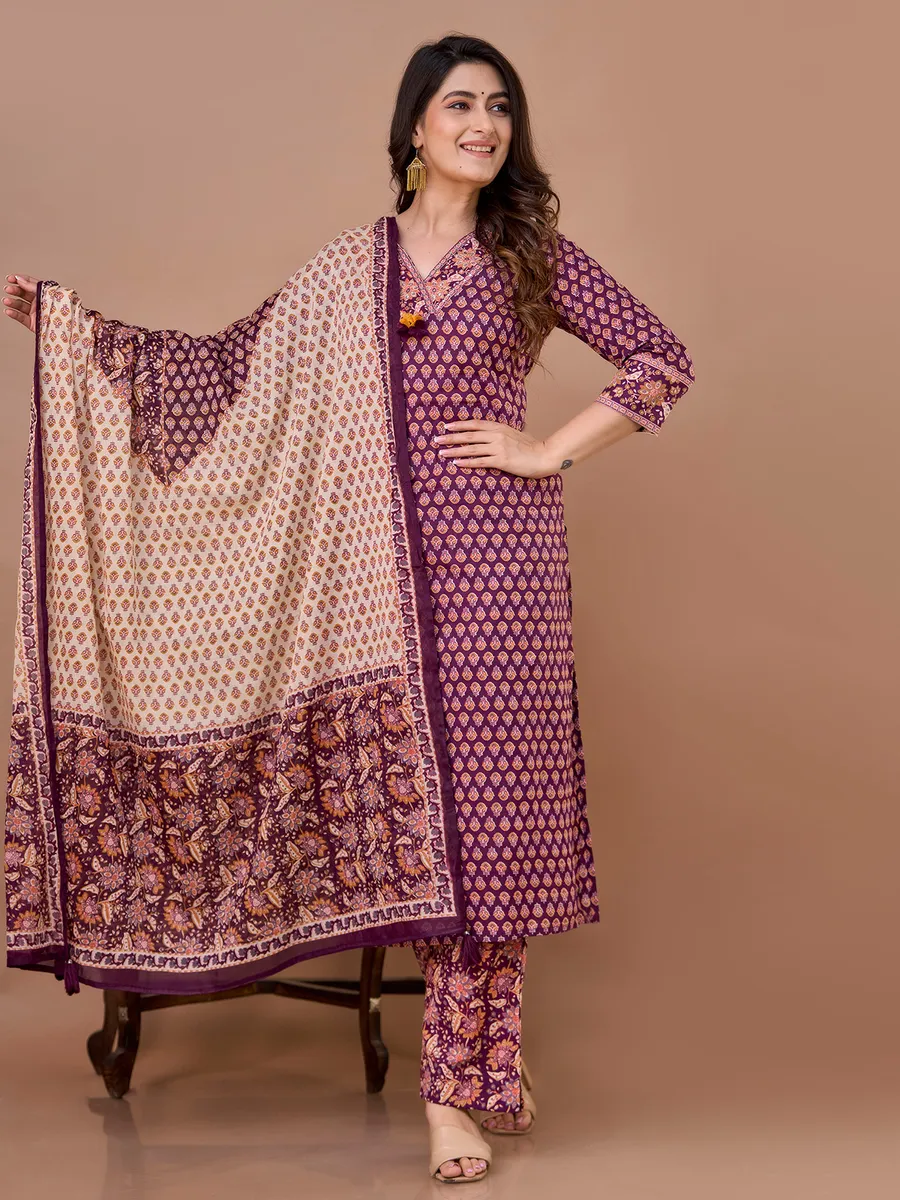 Purple casual printed cotton kurti set