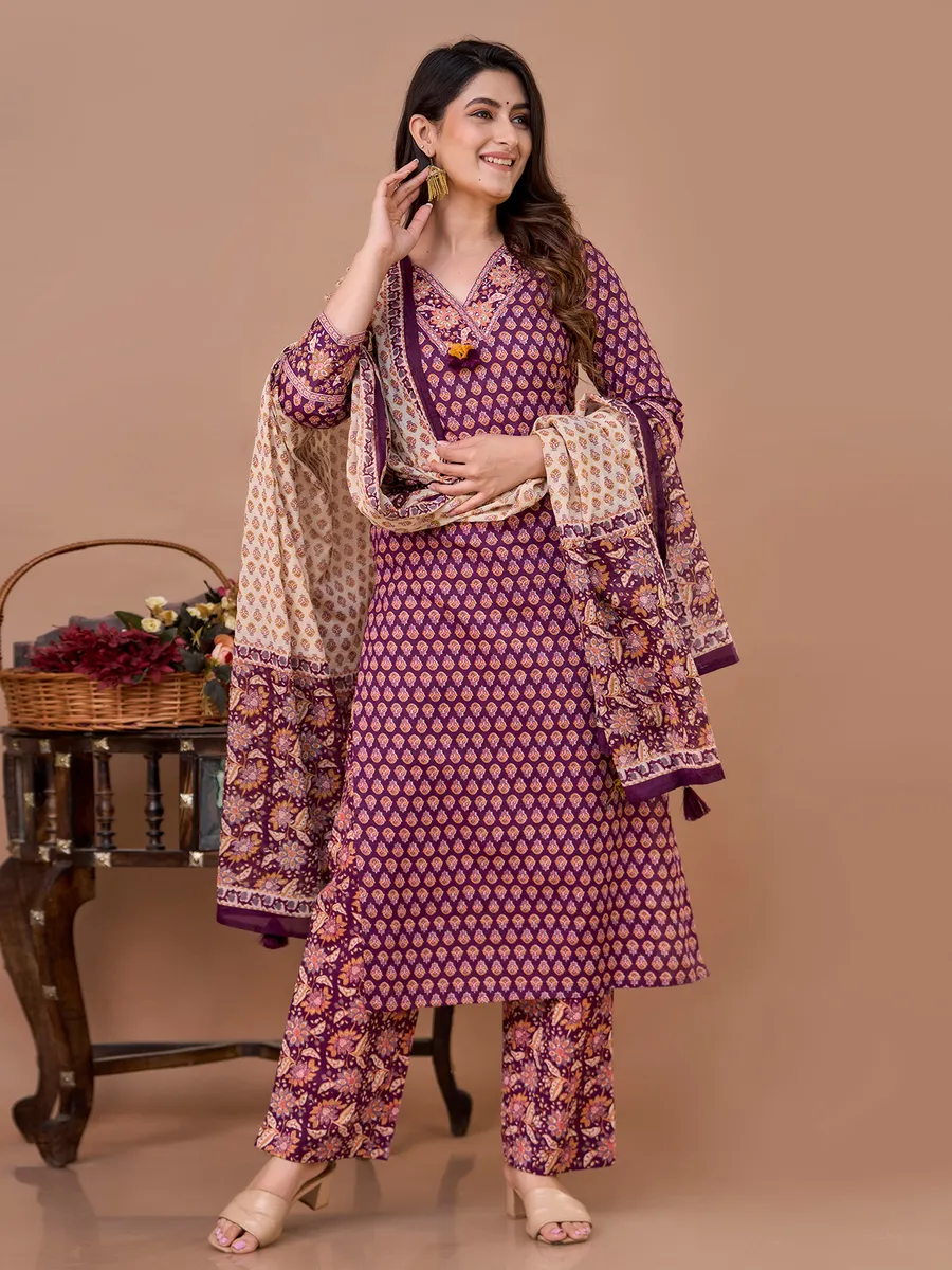 Purple casual printed cotton kurti set