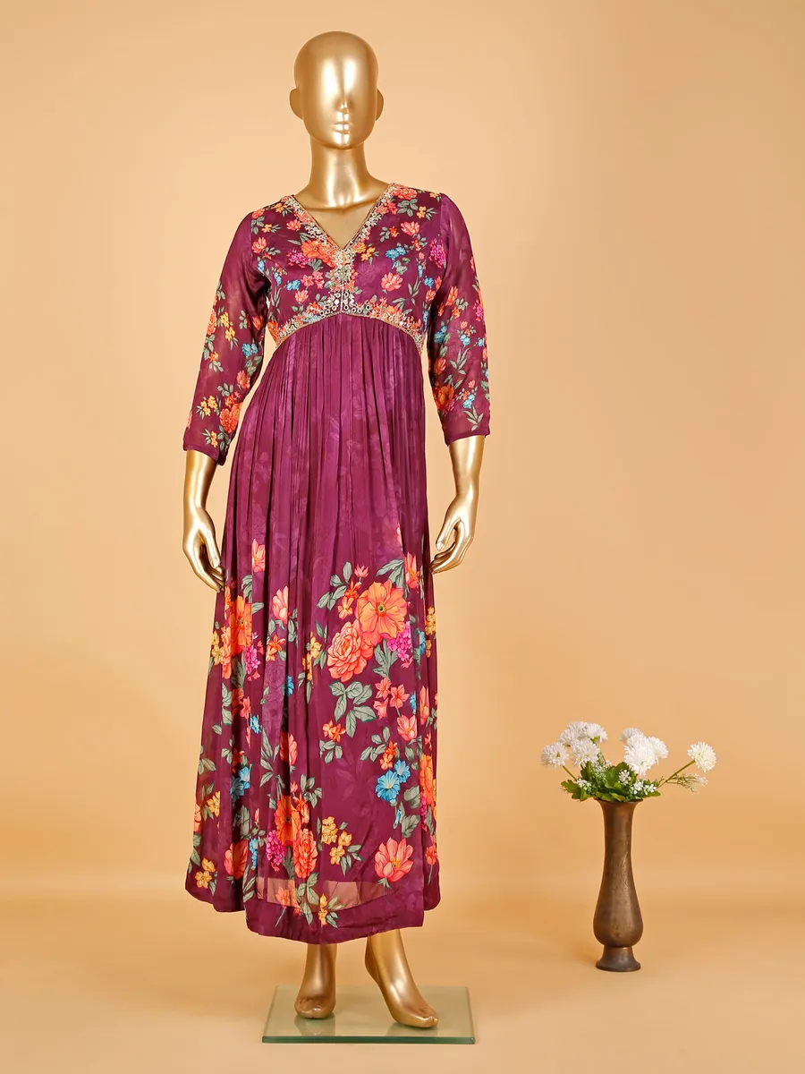 Purple floral printed floor length suit