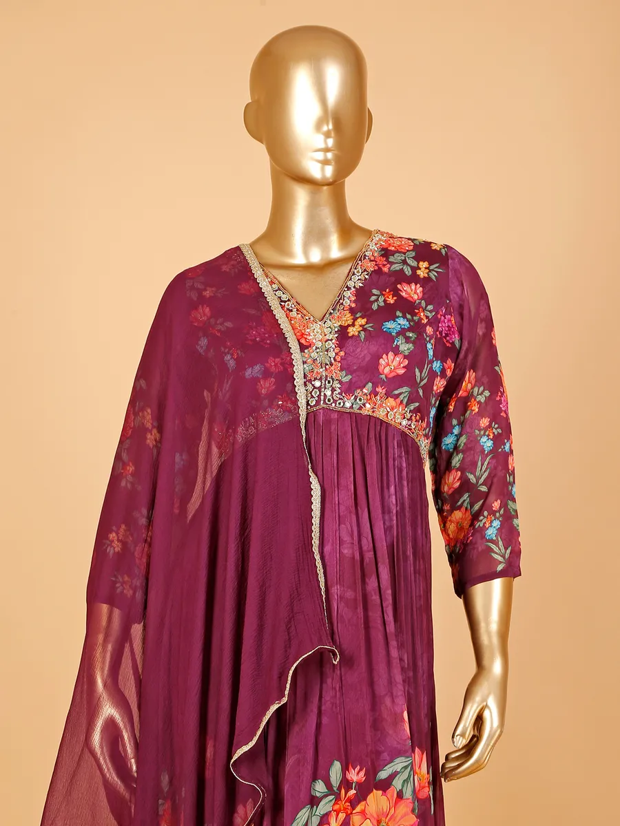 Purple floral printed floor length suit