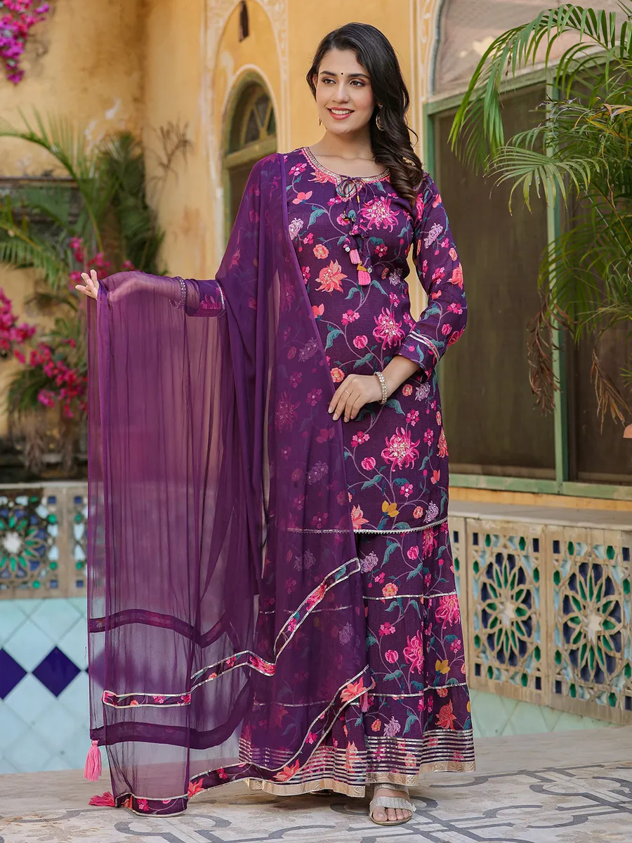 Purple floral printed sharara suit