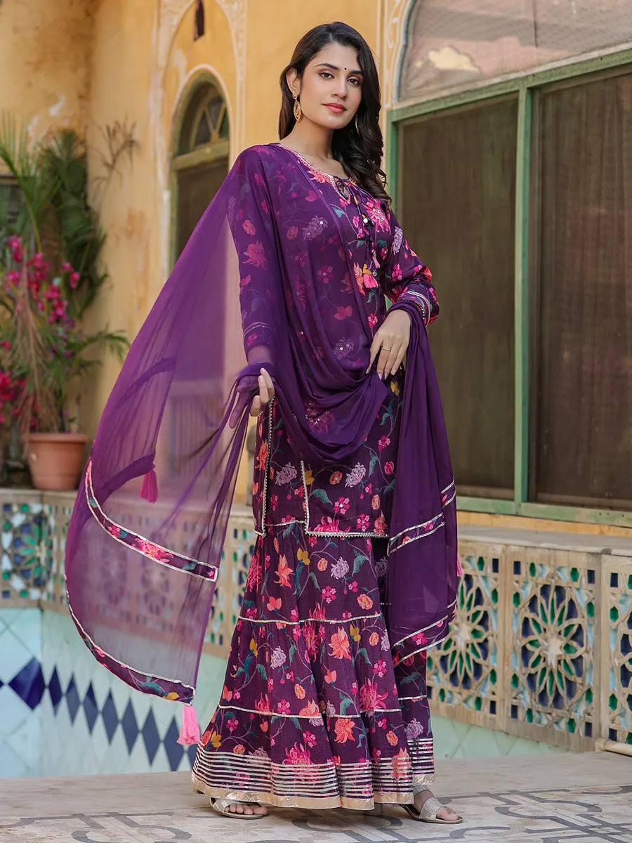 Purple floral printed sharara suit