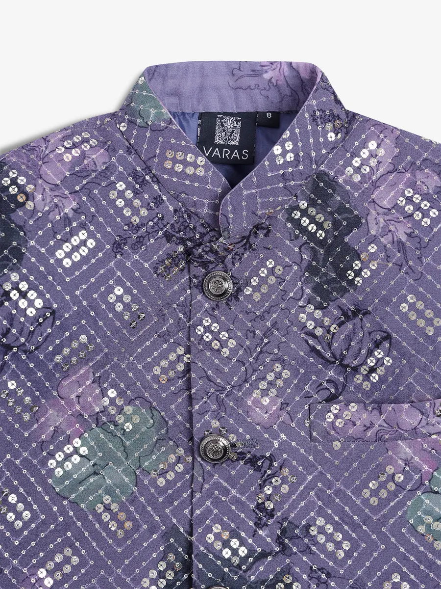 Purple floral printed silk indowestern