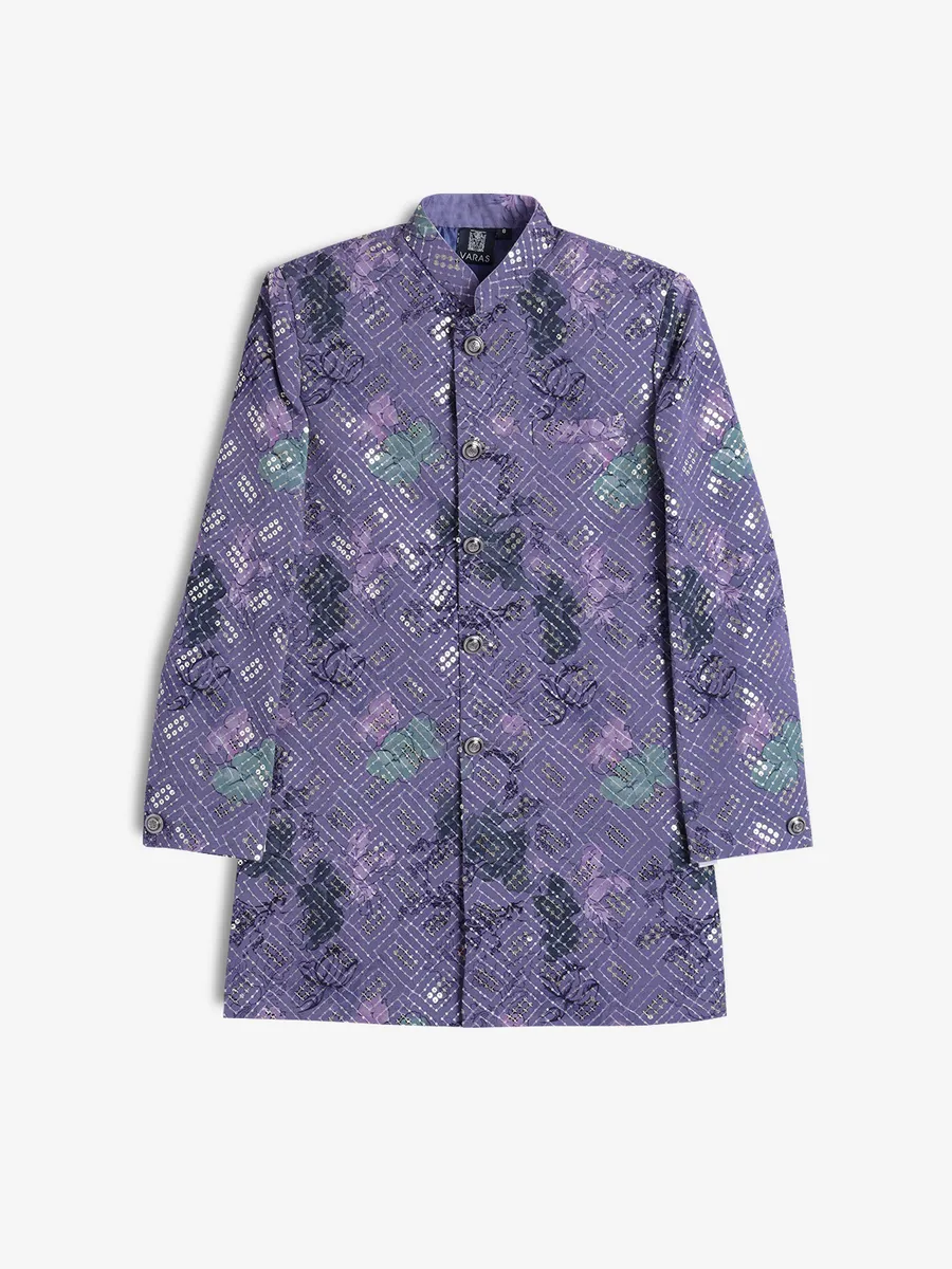 Purple floral printed silk indowestern