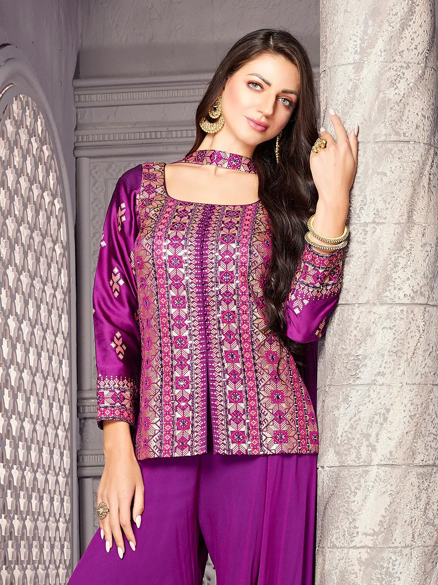 Purple georgette palazzo suit with choker dupatta