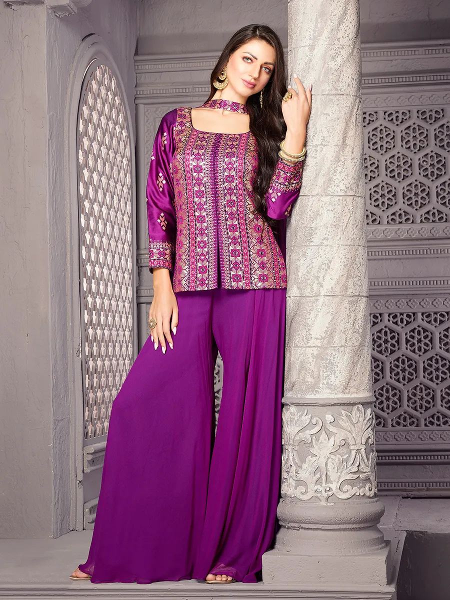 Purple georgette palazzo suit with choker dupatta