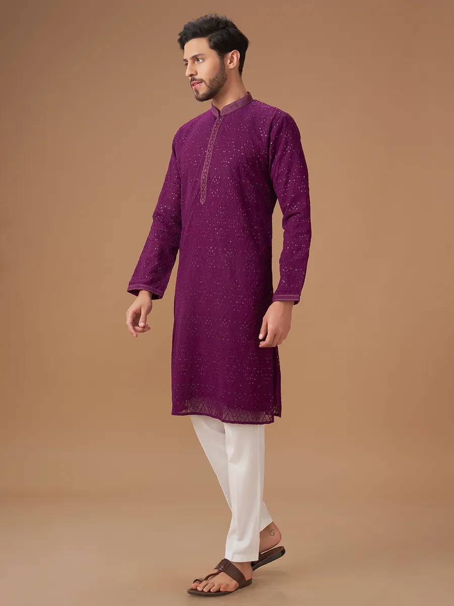 Purple  Men Kurta pajama with embroidery