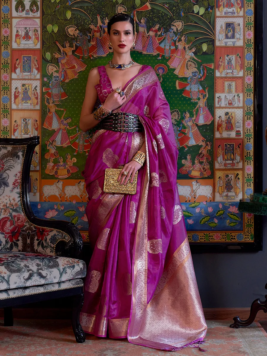 Purple organza saree with zari woven