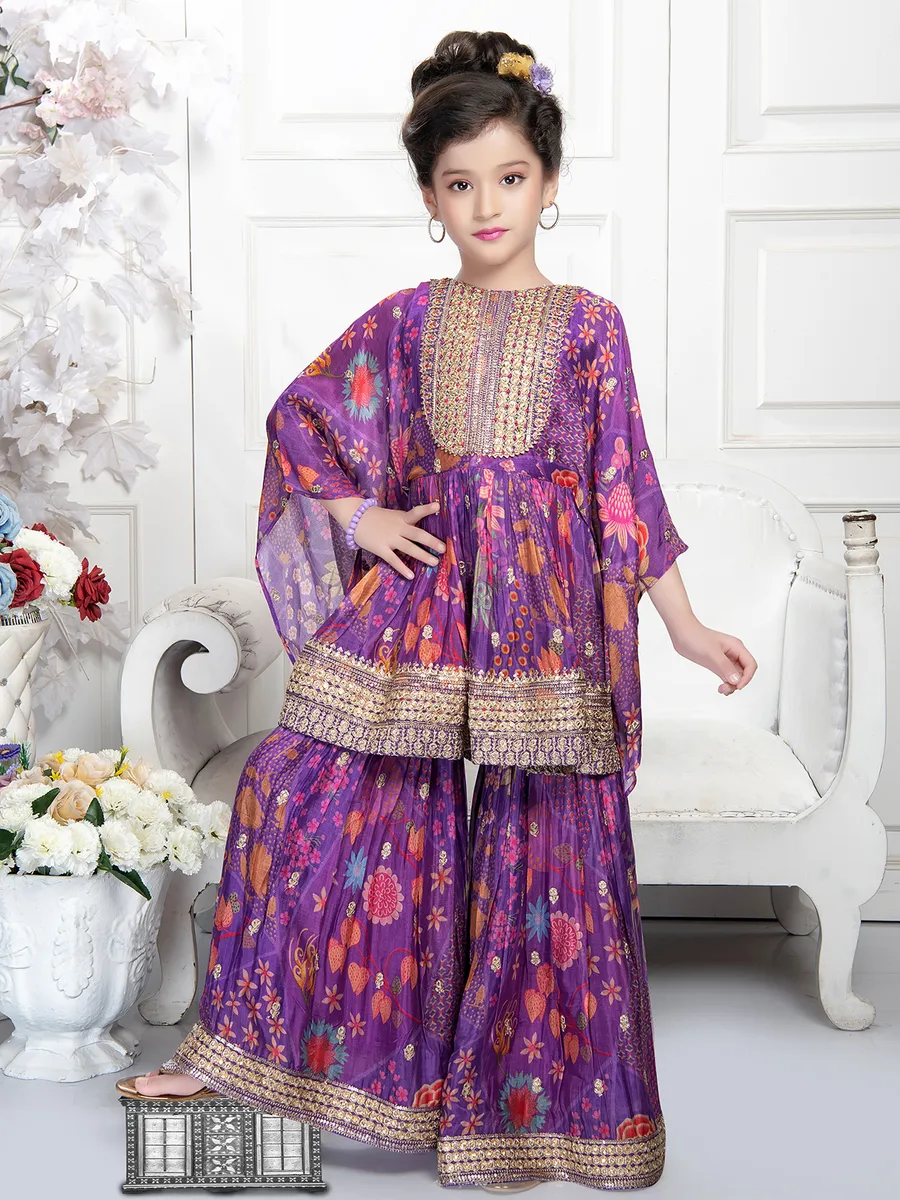 Purple printed kaftan style sharara set