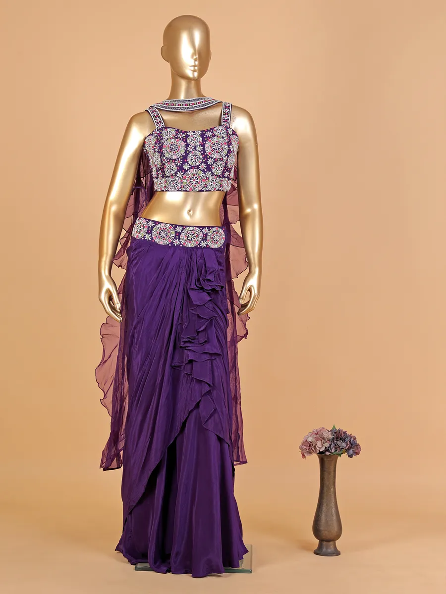 Purple satin lehenga choli with ruffle dupatta