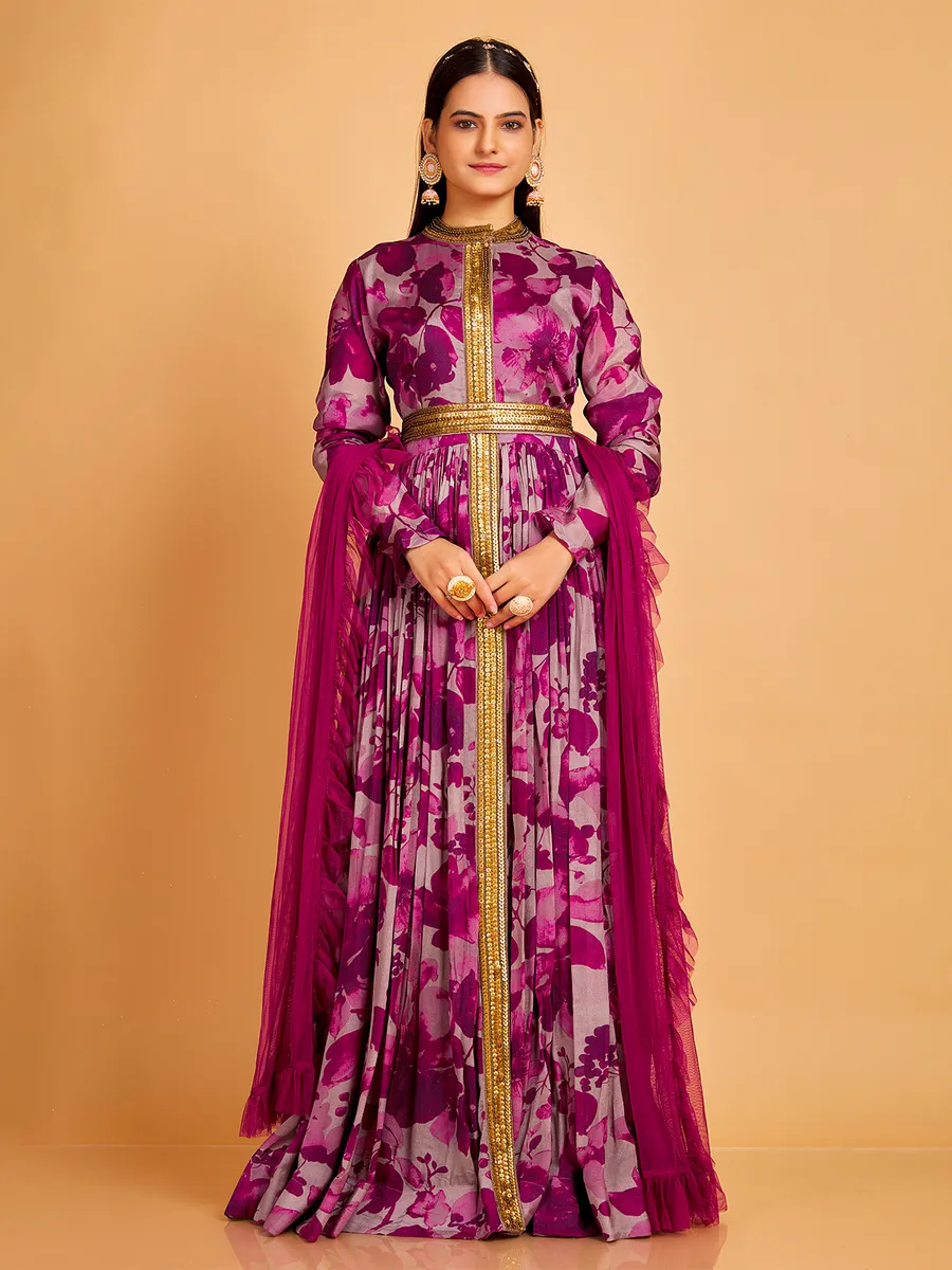 Purple silk anarkali suit in printed