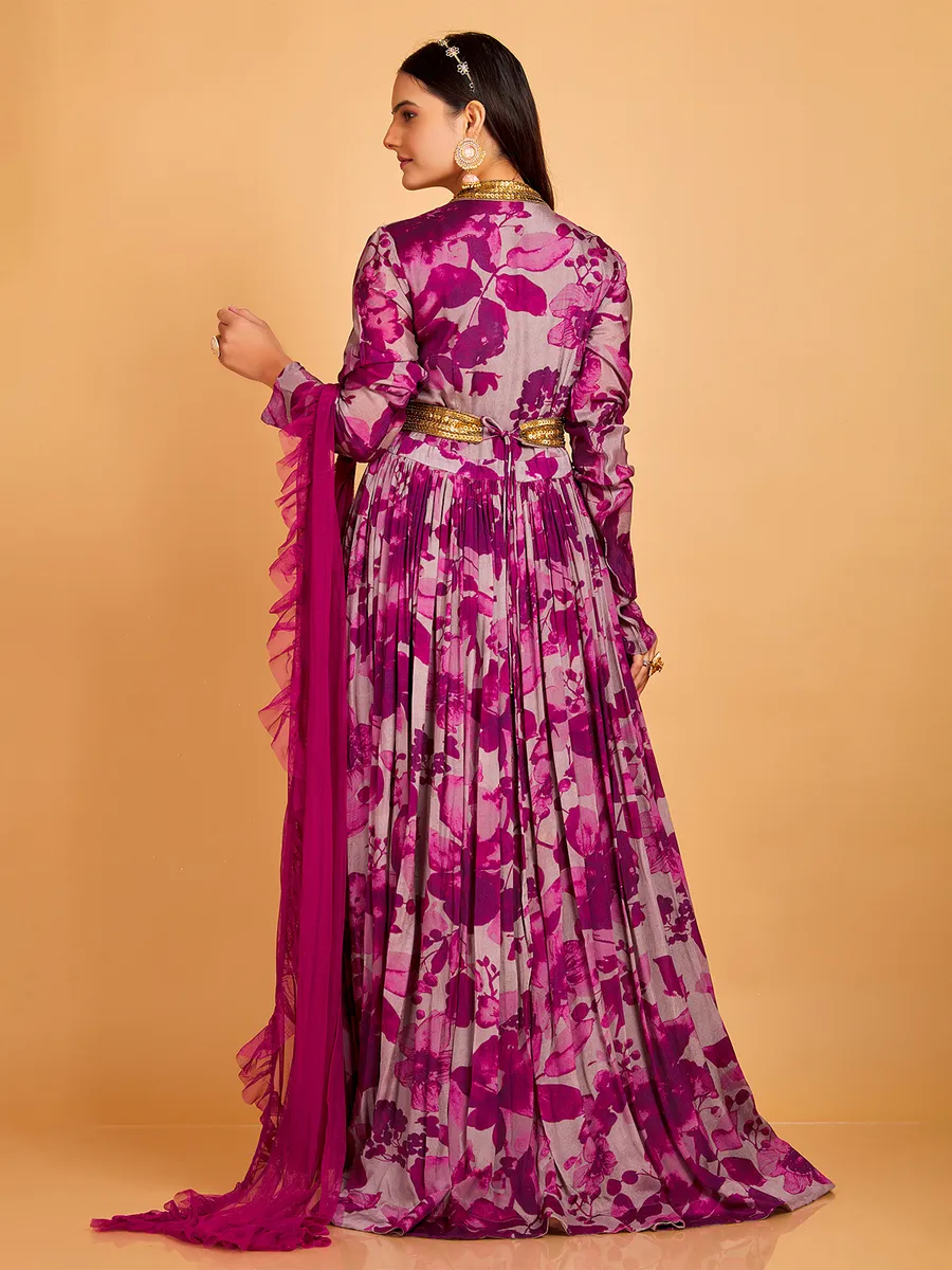 Purple silk anarkali suit in printed