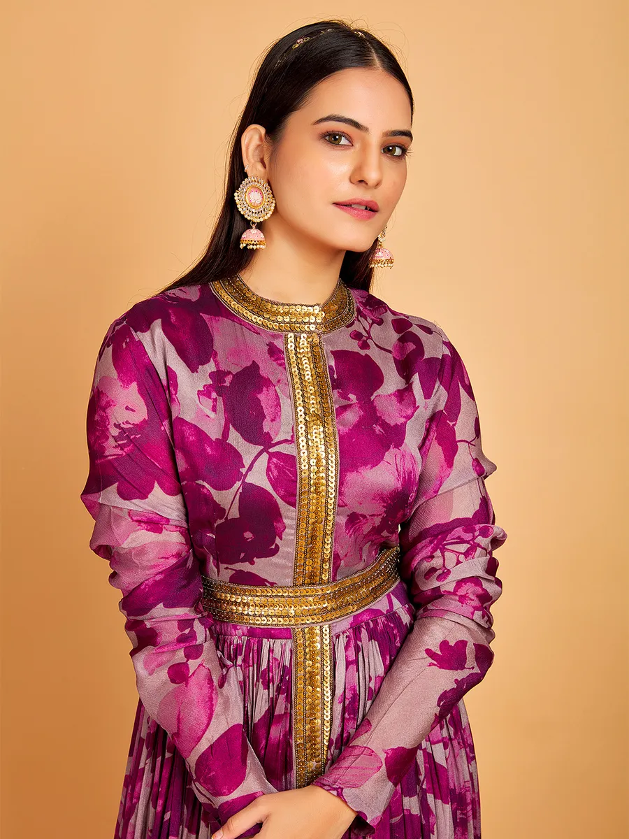 Purple silk anarkali suit in printed