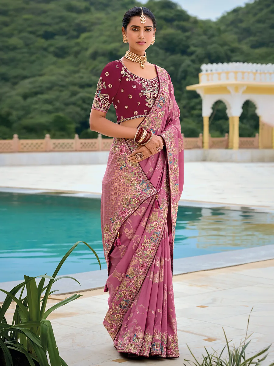 Purple silk zari weaving saree for wedding