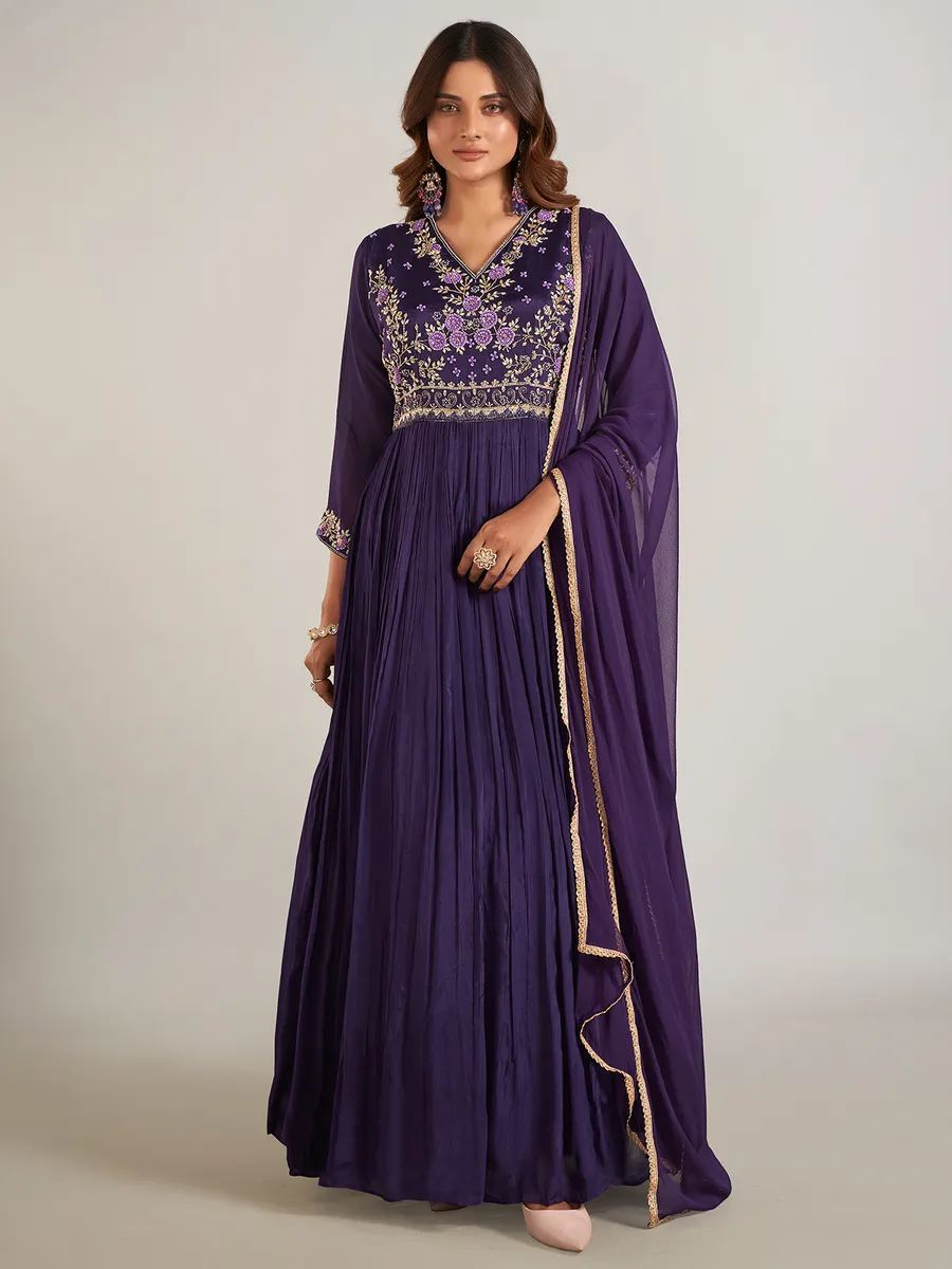 Jacket Style Plum Purple Embroidered Wedding Anarkali