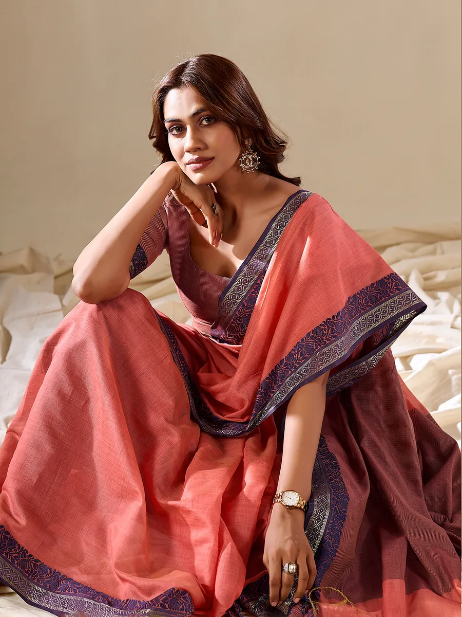 Trendy coral pink cotton saree