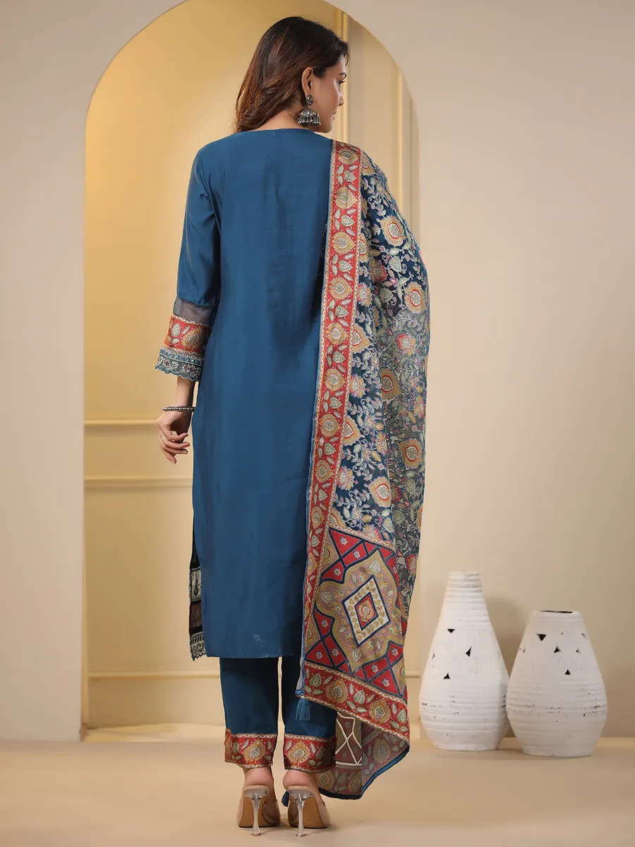 Rama blue cotton kurti set with printed dupatta