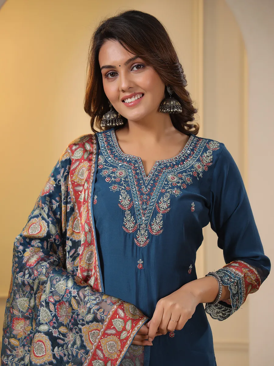 Rama blue cotton kurti set with printed dupatta