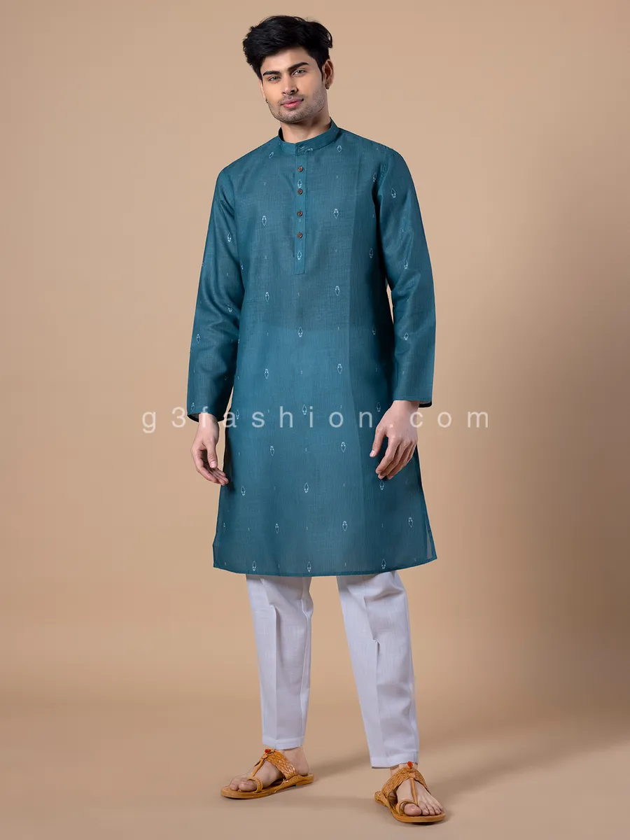 Rama blue cotton printed kurta set