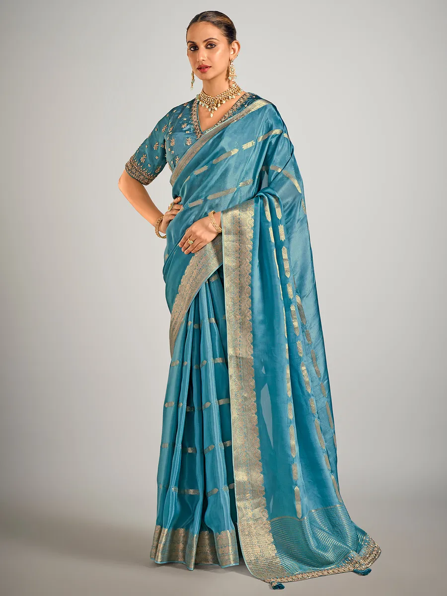 Rama blue dola silk zari weaving saree