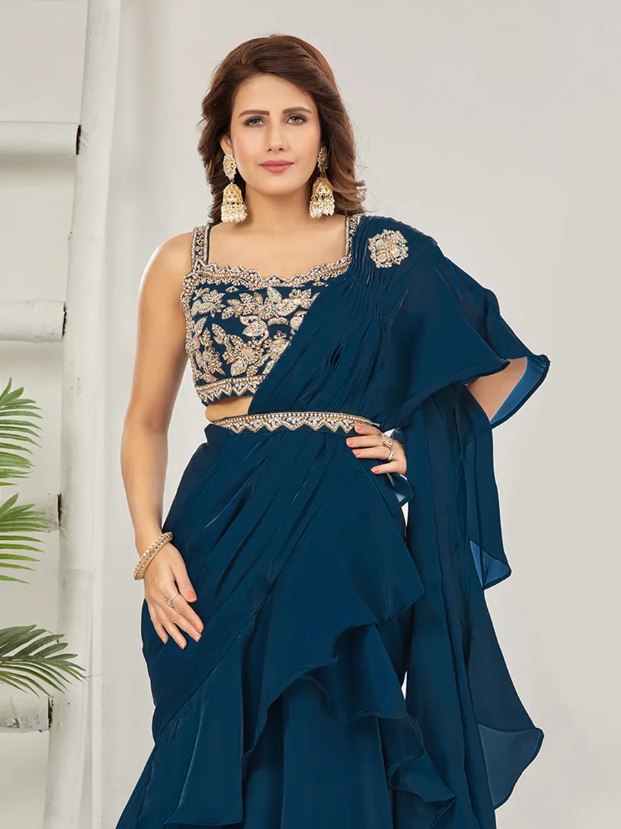Rama blue organza ready drape saree