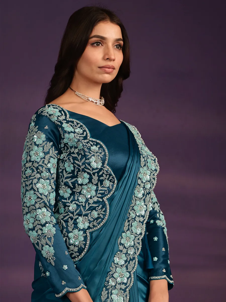 Rama blue pre-stitched saree