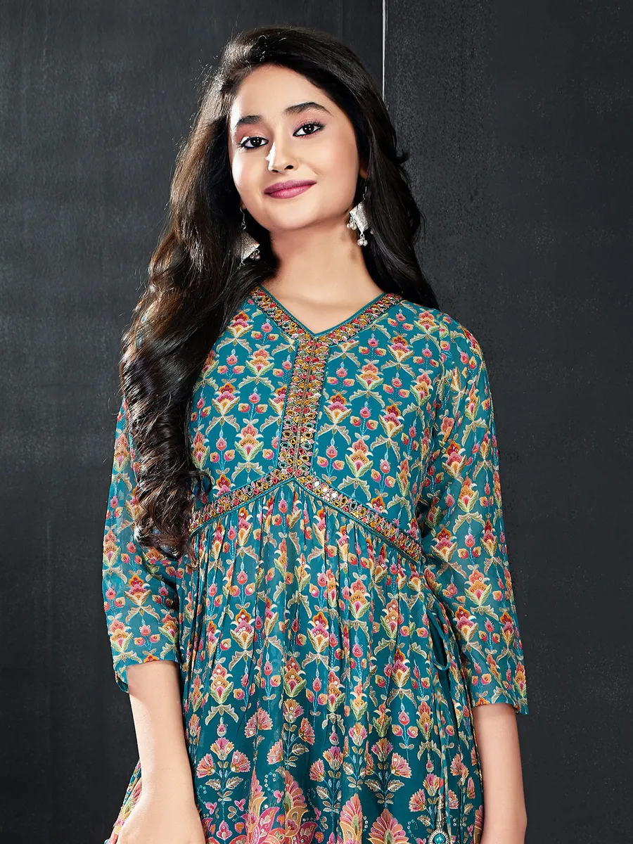 Rama blue printed georegtte sharara suit