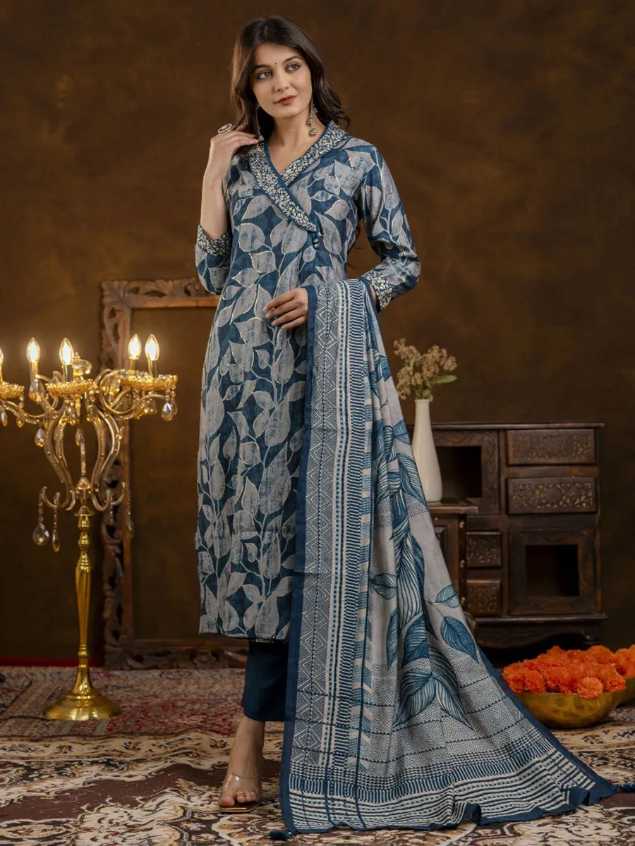 Rama blue printed silk kurti set