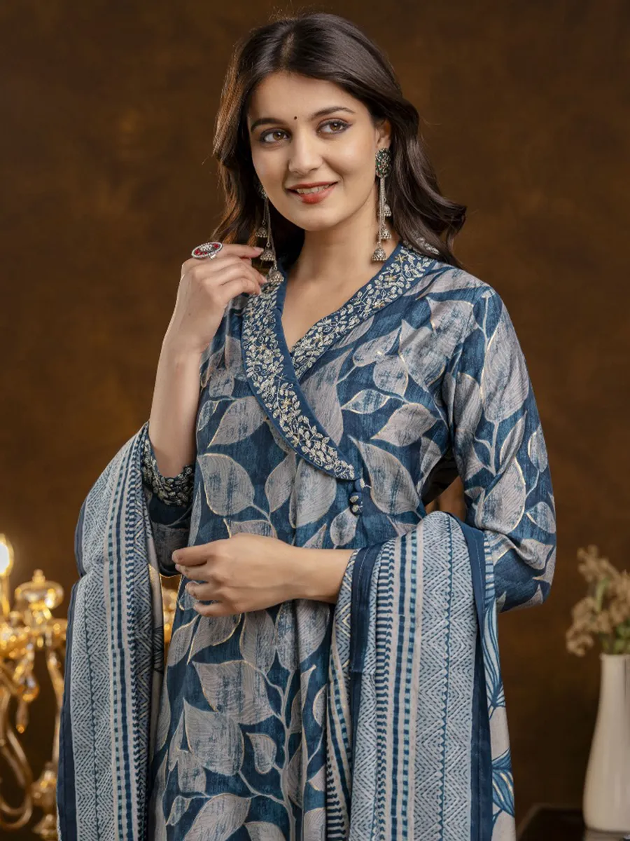 Rama blue printed silk kurti set