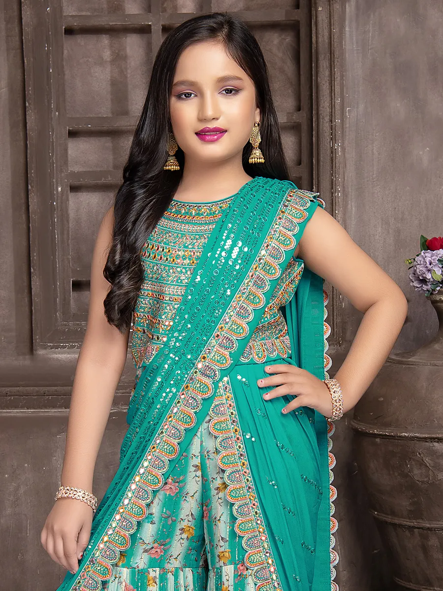 Rama blue sharara suit with attached drape dupatta