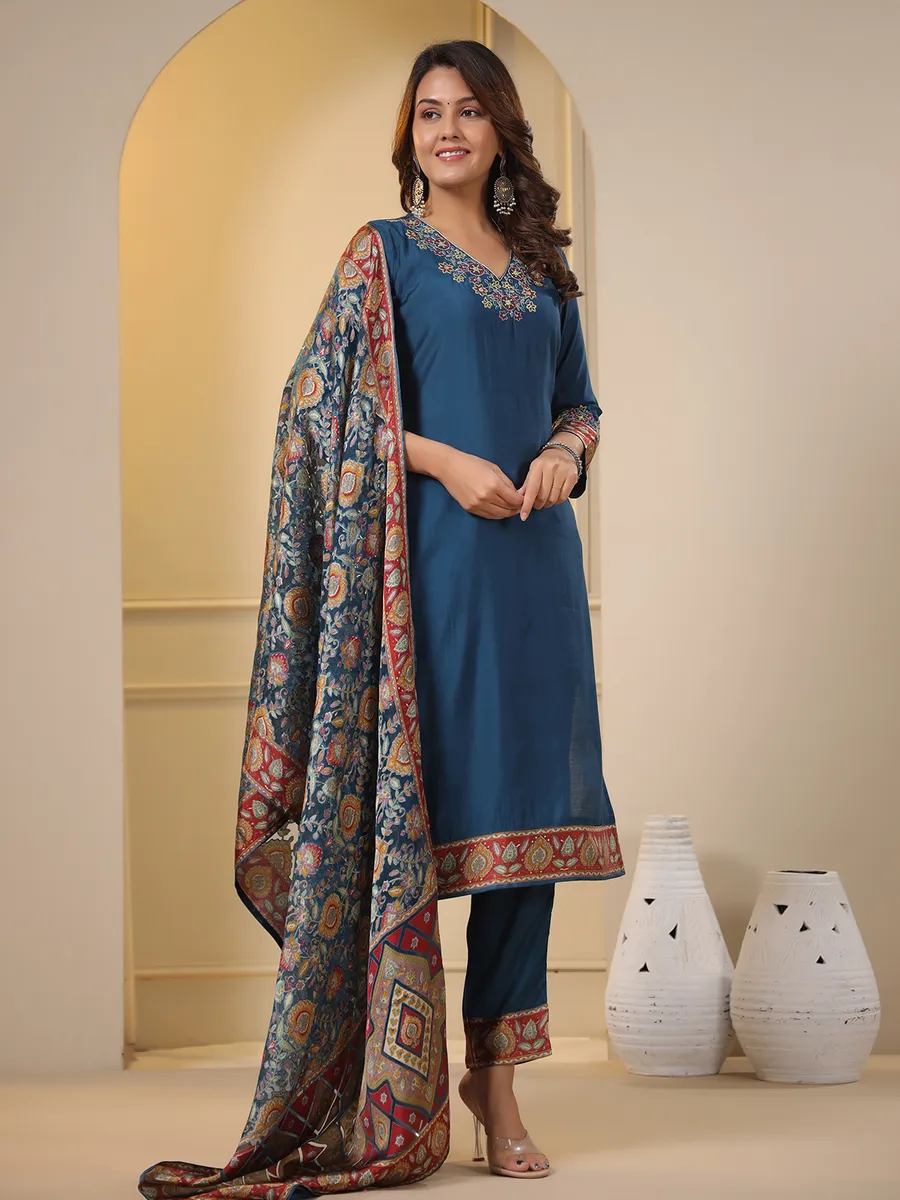 Rama blue silk kurti set with dupatta