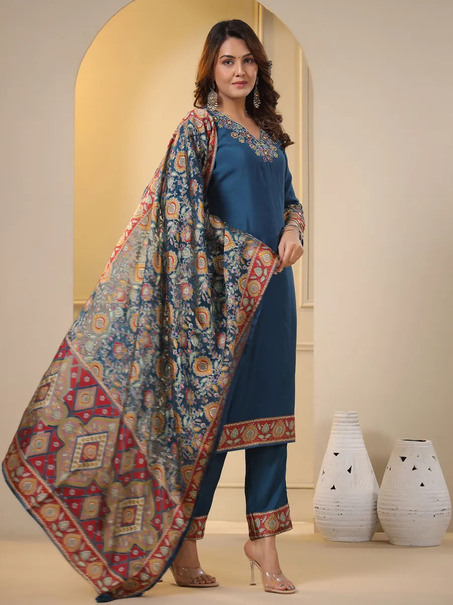 Rama blue silk kurti set with dupatta