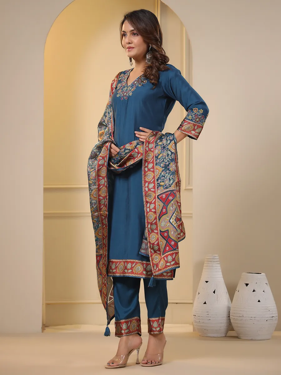 Rama blue silk kurti set with dupatta