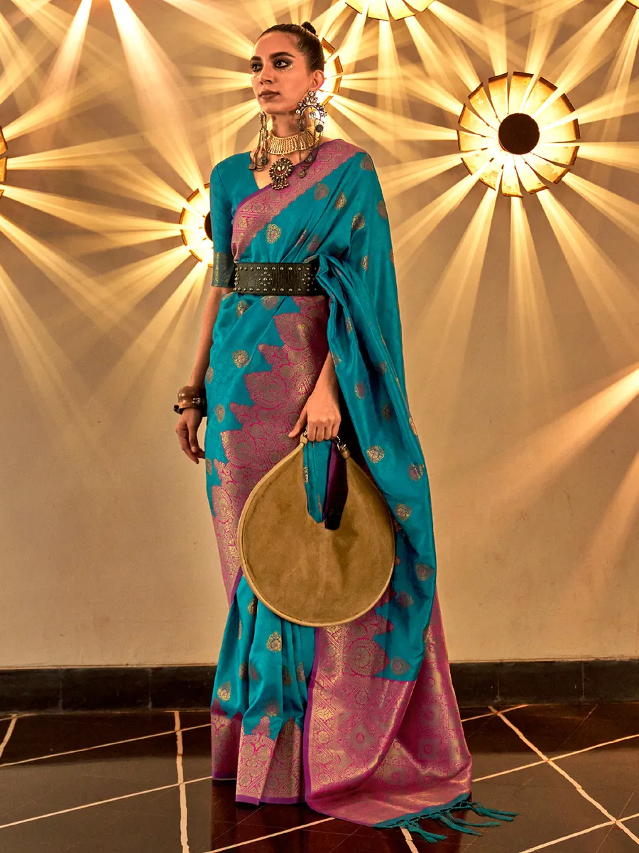 Rama blue zari weaving saree in silk