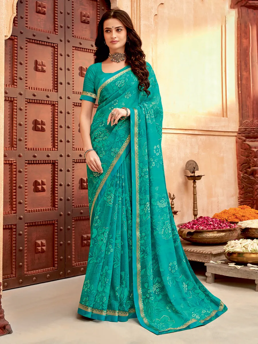 Rama green floral printed georgette saree