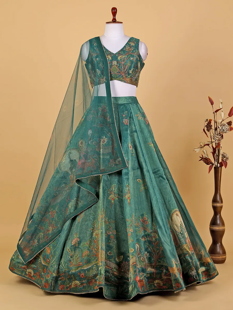 Rama green floral printed organza lehenga choli