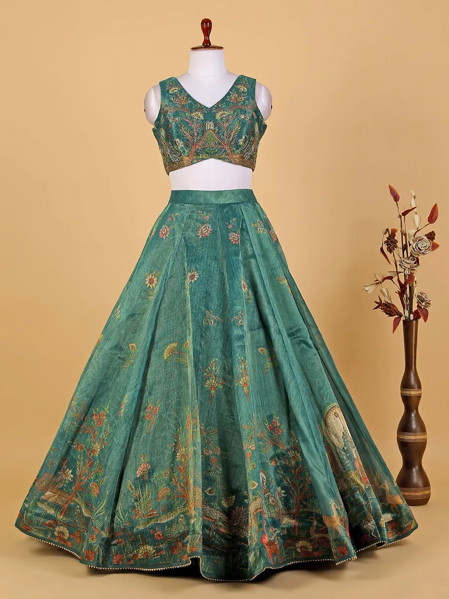 Rama green floral printed organza lehenga choli