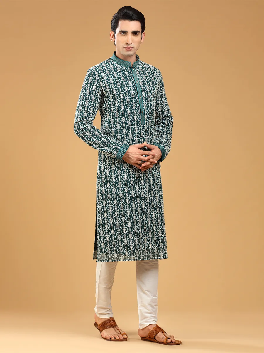 Rama green georgette  Men Kurta pajama for festive