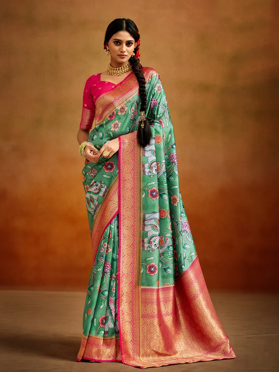 Rama green kalamkari digital printed saree