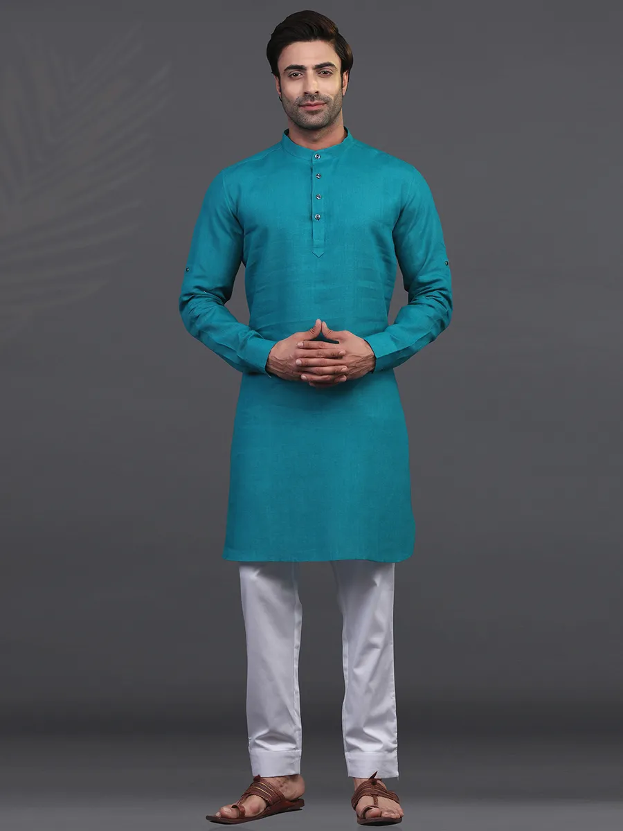 Rama green linen festive wear kurta suit
