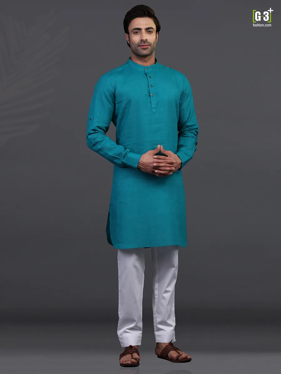 Rama green linen festive wear kurta suit