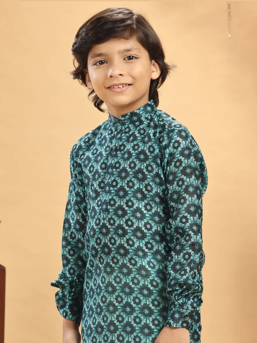 Rama green printed silk kurta suit