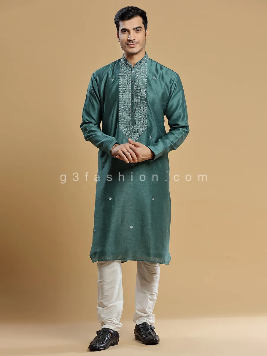 Rama green silk kurta suit for festive