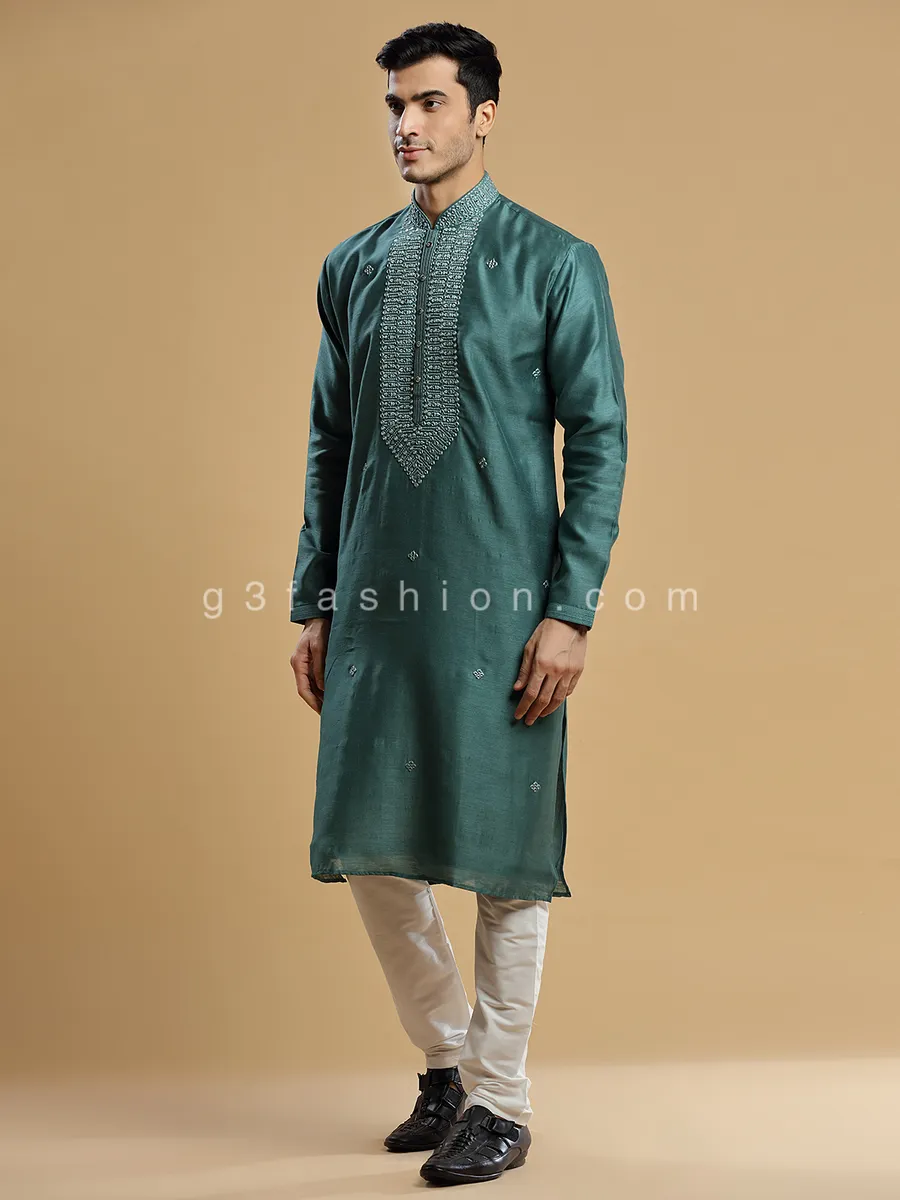 Rama green silk kurta suit for festive