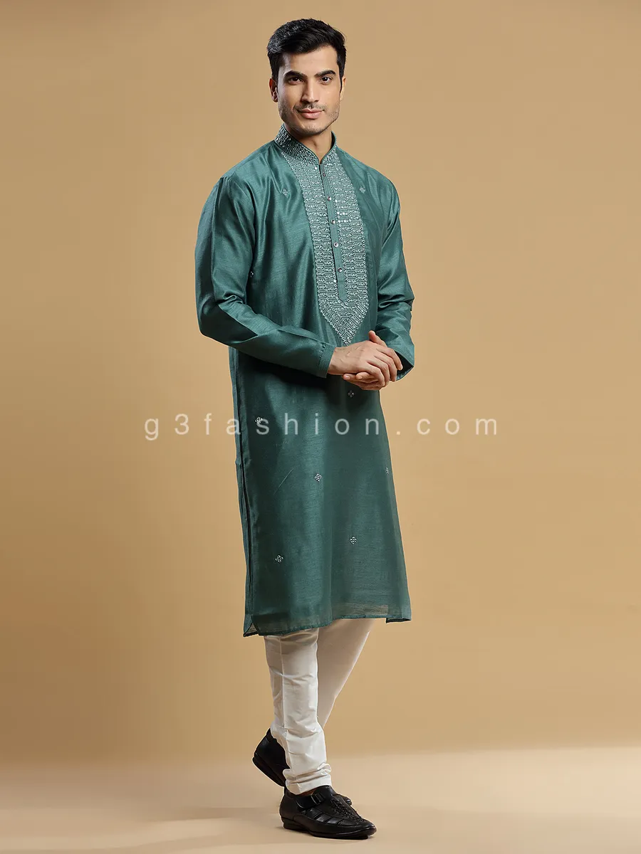 Rama green silk kurta suit for festive