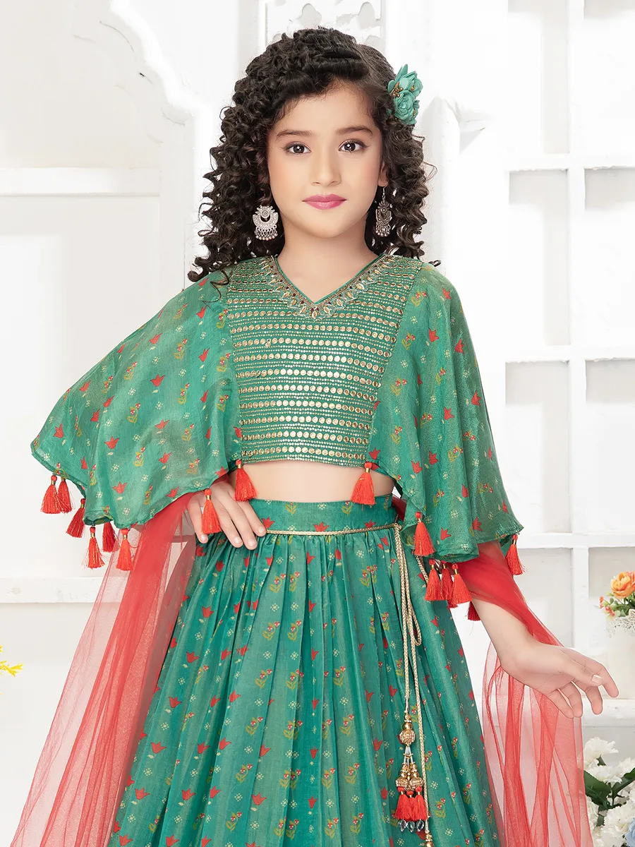 Rama green silk printed weding lehenga choli