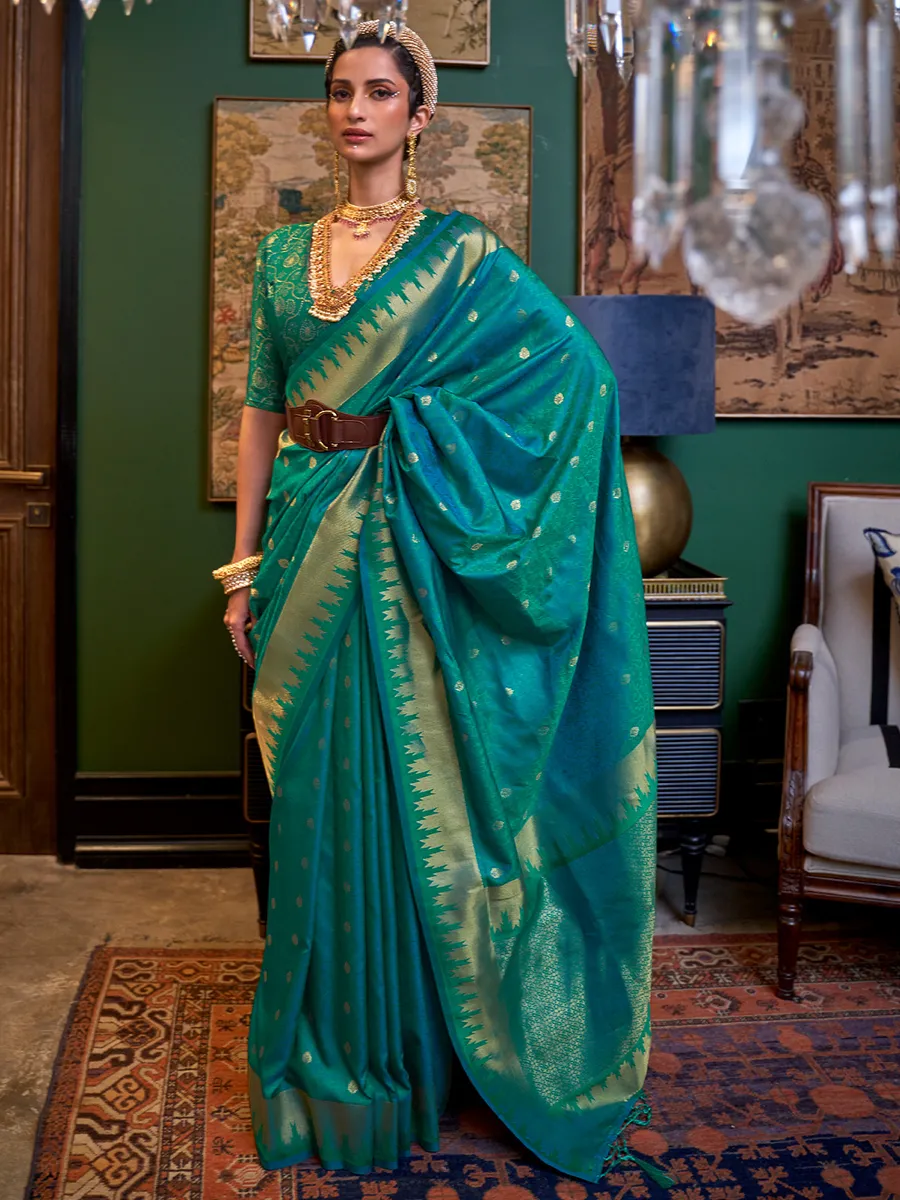 Rama green zari work silk saree