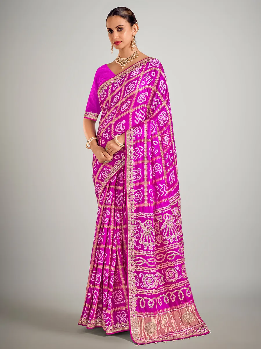 Rani color printed gajji silk zari weaving saree